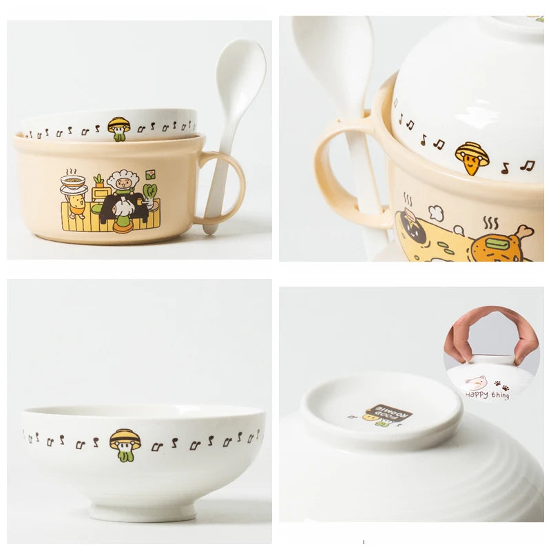Ceramic Ramen Bowl and Little Rice Bowl Spoon Set, 700ml Instant Noodle Bowl, 400ml Oatmeal Bowl, White Spoon Microwave Safe
