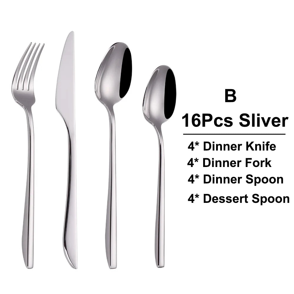 6/16/20/24/28Pcs Cutlery Set Stainless Steel 304 Tableware Mirror Sliver Dinner Set Western Knife Fork Spoon Elegant Flatware