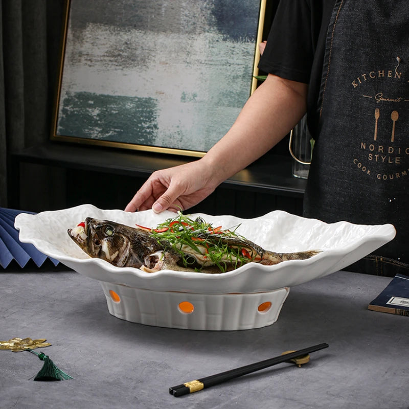 Large Irregular Fish Plate Household Cauldron Bowl Heating and Insulation Plate Ceramic Hotel Tableware Soup Plate