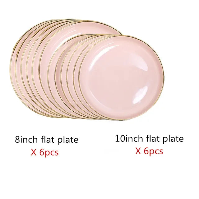 Bright White And Pink With Gold Porcelain Plates Kitchen Dinner Plate Set Ceramics Food Dishes Salad Noodles Bowl