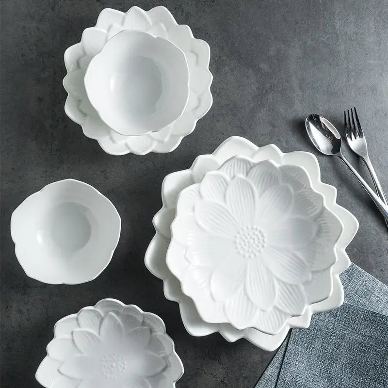Chinese Lotus-like Ceramic Western Food Dish Household White Fruit Salad Bowl Dessert Plate Creative Restaurant Specialtableware