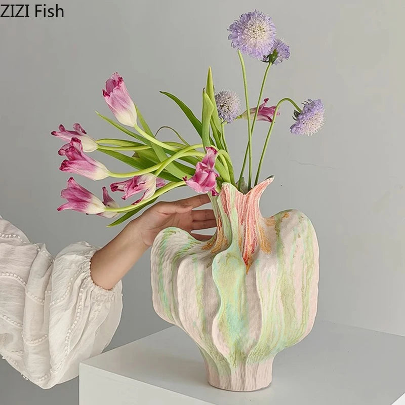 Flower Bud Shape Ceramic Vase Creative Painted Plant Pots Table Decoration Flowers Arrangement Floral Vases Room Aesthetic Decor