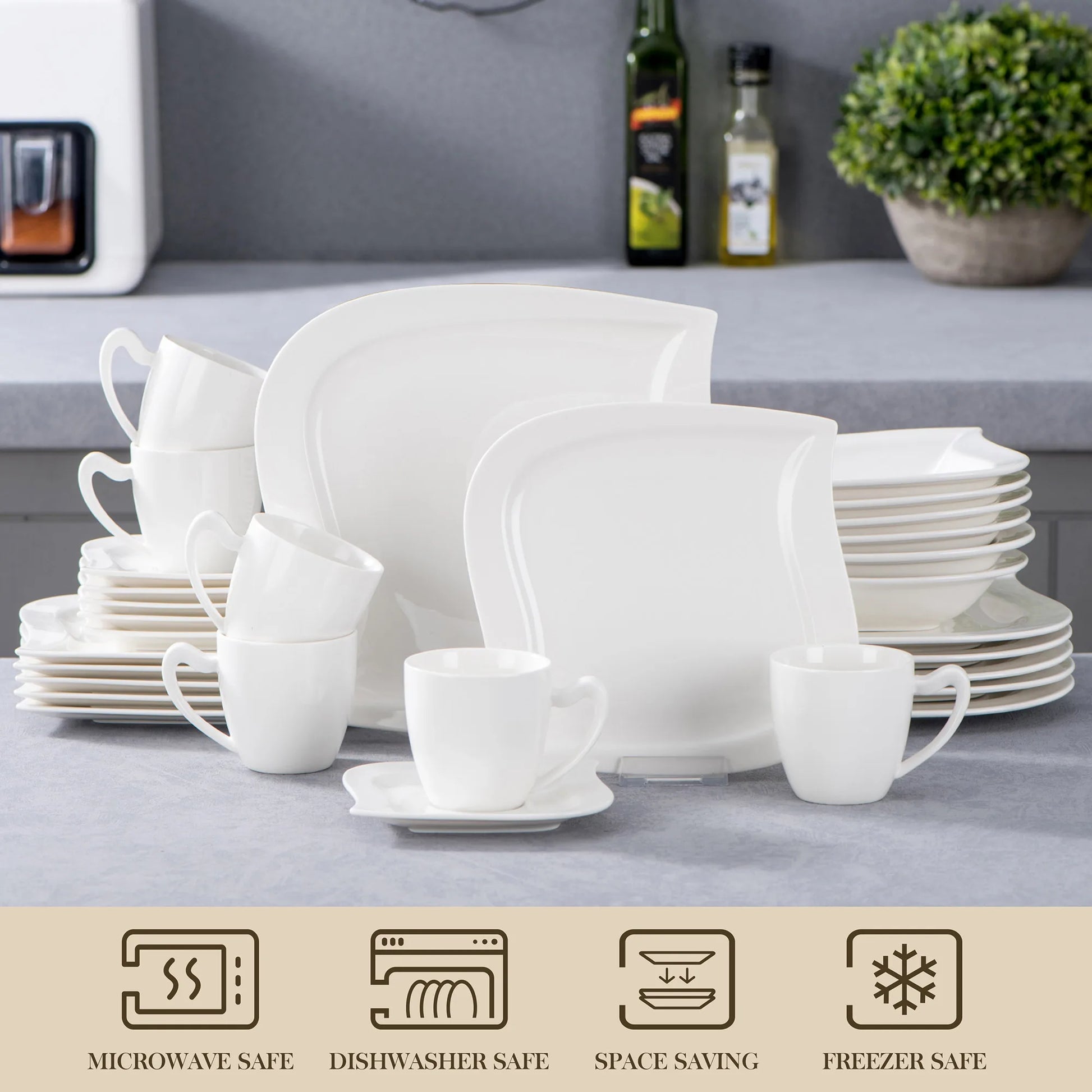 MALACASA 30/60 Piece White Porcelain Dinner Set with Cups Saucers Dessert Soup Dinner Plates Tableware Service for 6/12