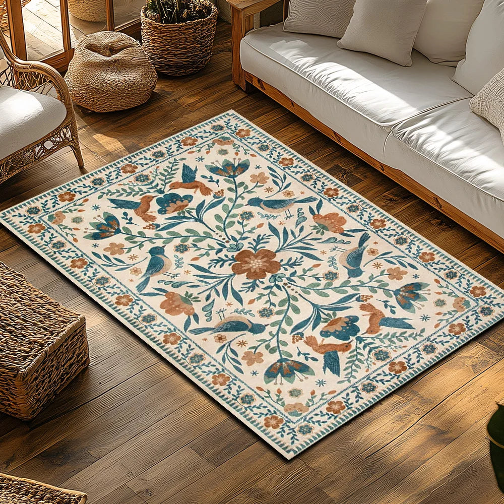 Cream Blue Green Floral Bohemian Rug, Orange Accent Non-Slip Living Room Carpet, Soft Vintage Style Home Decor Mat