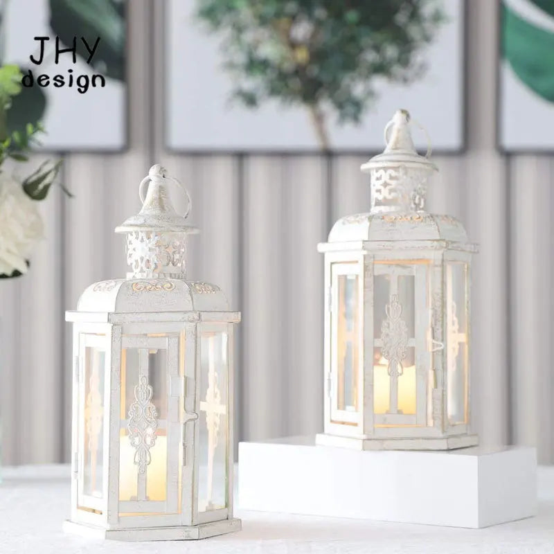2Pcs Decorative Candle Lanterns Vintage Hanging Lantern Candle Holder Metal Candleholder White with Gold Brush Home Decor