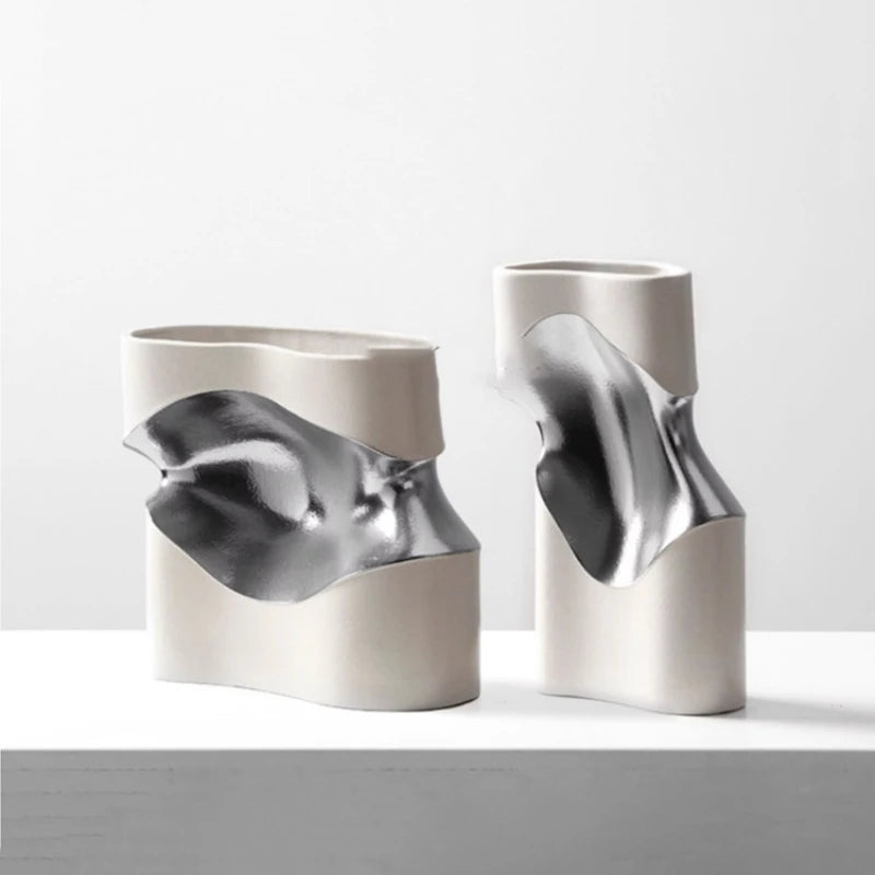 Ceramic Vase Curve Irregular Bend Golden Flower Artistic Flowerpots Porcelain Crafts Ornaments Room Decoration