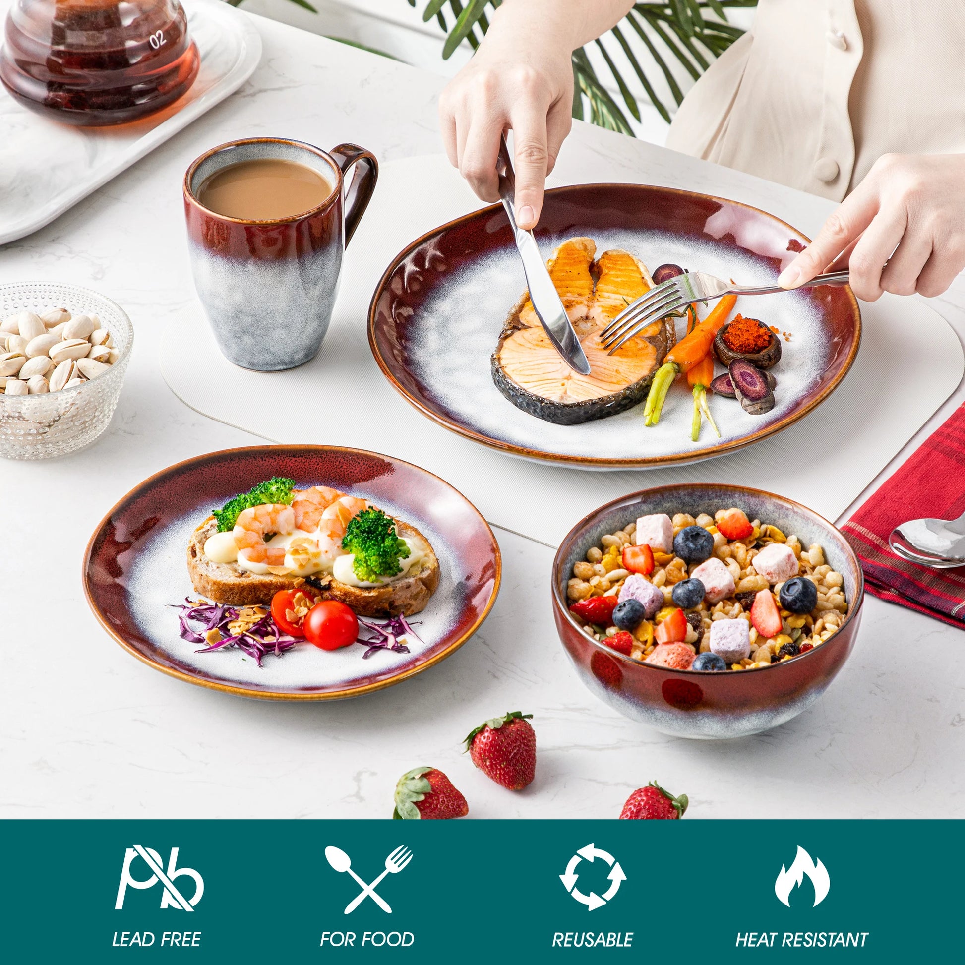 vancasso 16/32/48-Piece Dinner Set,Red Green Kiln Change Glaze Tableware Dinner Service with Dinner Plate,Dessert Plate,Bowl,Mug