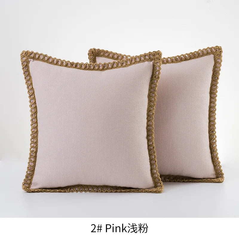 Solid Color Cotton Linen Pillow Cover with Jute Rope Trim Boho Decorative 45x45cm Cushion Pillow Case for Sofa Bed Living Room