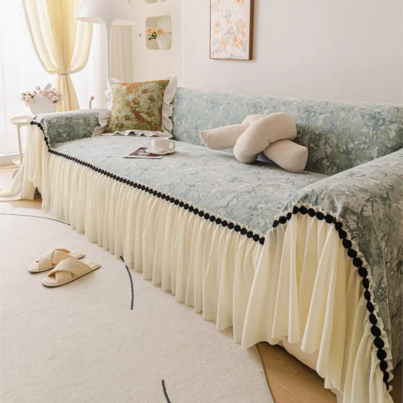 Autumn Universal Chenille Sofa Cover French Ruffled Edge Creamy Mats Aesthetic Flower Printed Anti-Slip Patchwork Couch Cushion