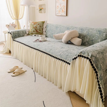 Autumn Universal Chenille Sofa Cover French Ruffled Edge Creamy Mats Aesthetic Flower Printed Anti-Slip Patchwork Couch Cushion