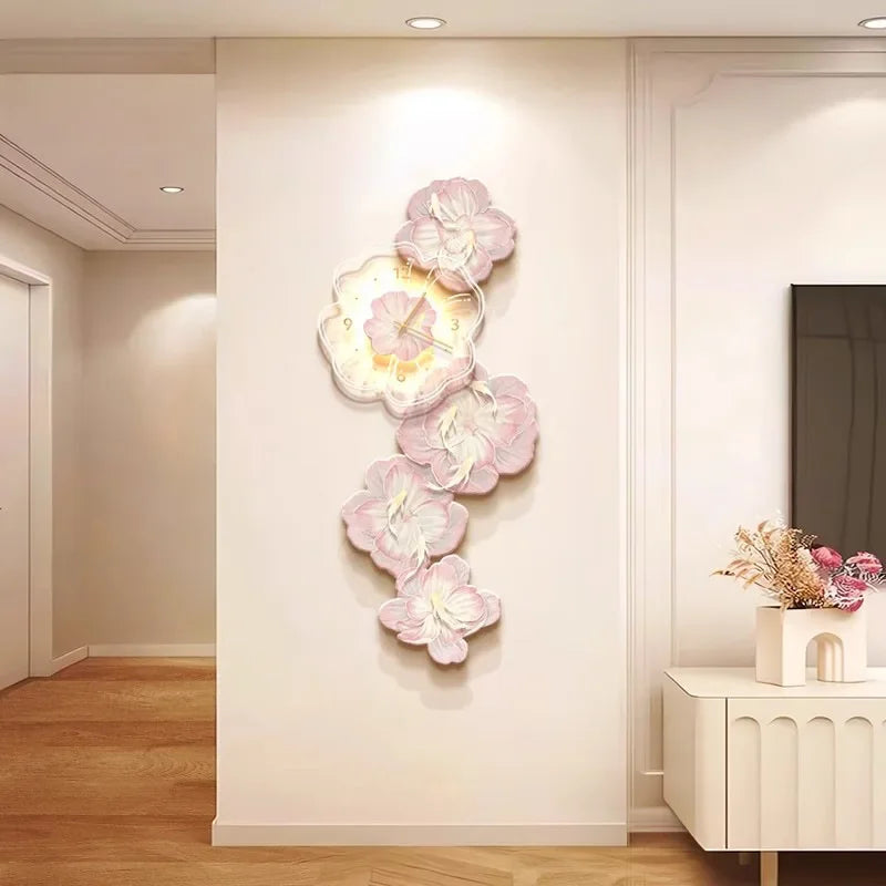 Pink Flower Light Luxury Wall Clock Creative Home Decor Painting for Living Room Wall Hanging Corridor Mural Clock Ornaments