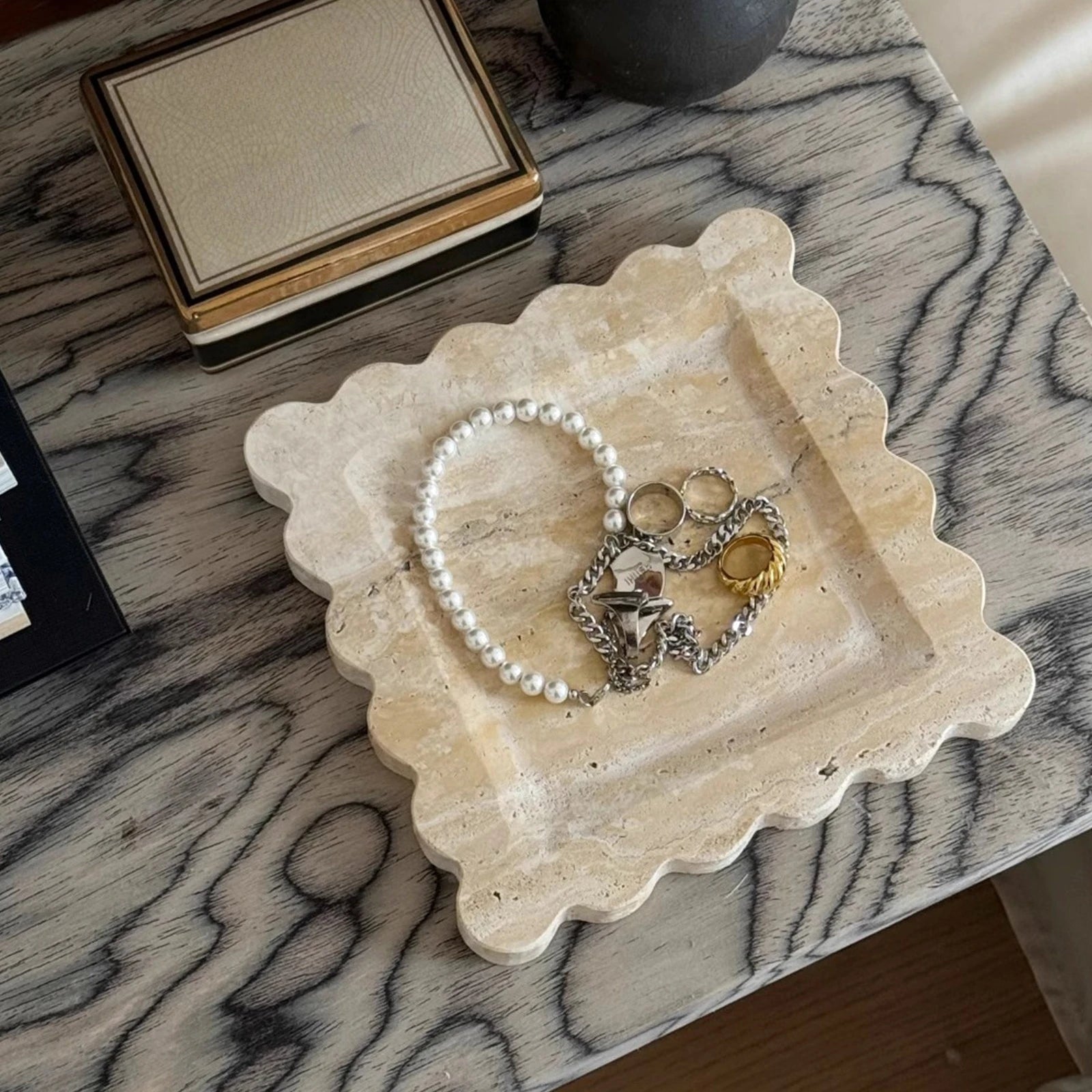 Decorative Travertine Tray, Square Scalloped Edge Natural Stone Jewelry Organizer, Home Decor Storage for Keys Rings Essentials