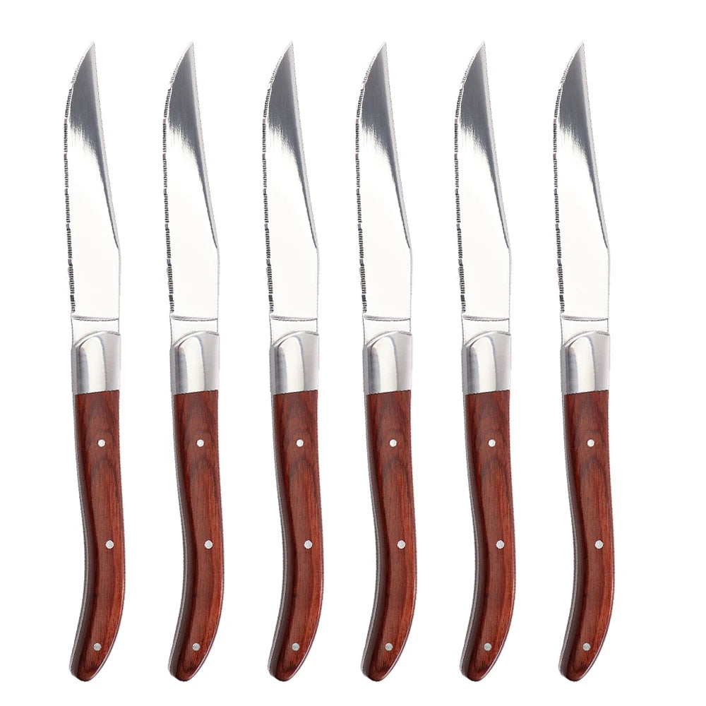 Jaswehome 6pcs Dinnerware Set Stainless Steel Red Pakkawood Handle Steak knives Western knives Fruit salad steak forks Tableware