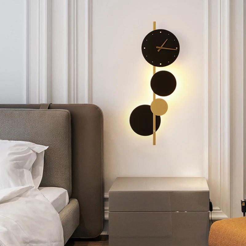 Nordic Creative  Acrylic Black Gold LED Clock  Wall Light Bedroom Dining Room Living Room Lighting Fixtures