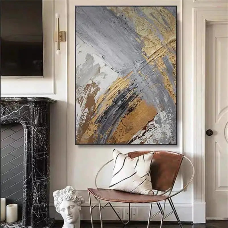 Gold Leaf Oversize Modern Picture Art, Handmade Abstract Oil Painting on Canvas, Wall Art for Living Room, Home Decor, No Frame