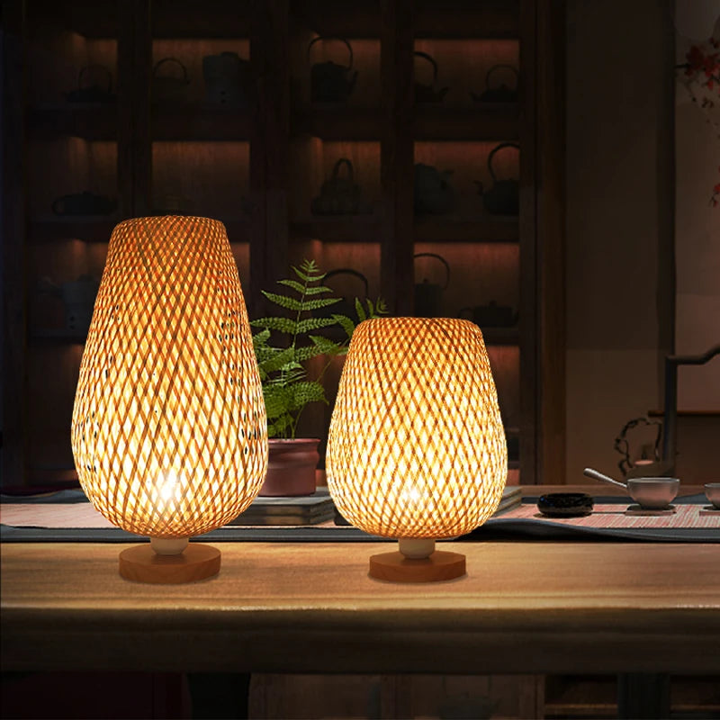 OUDELADI Vintage Bamboohandicraft Table Lamps Handmade bedroom bedside desk lights living room decor warm bamboo wood lamp