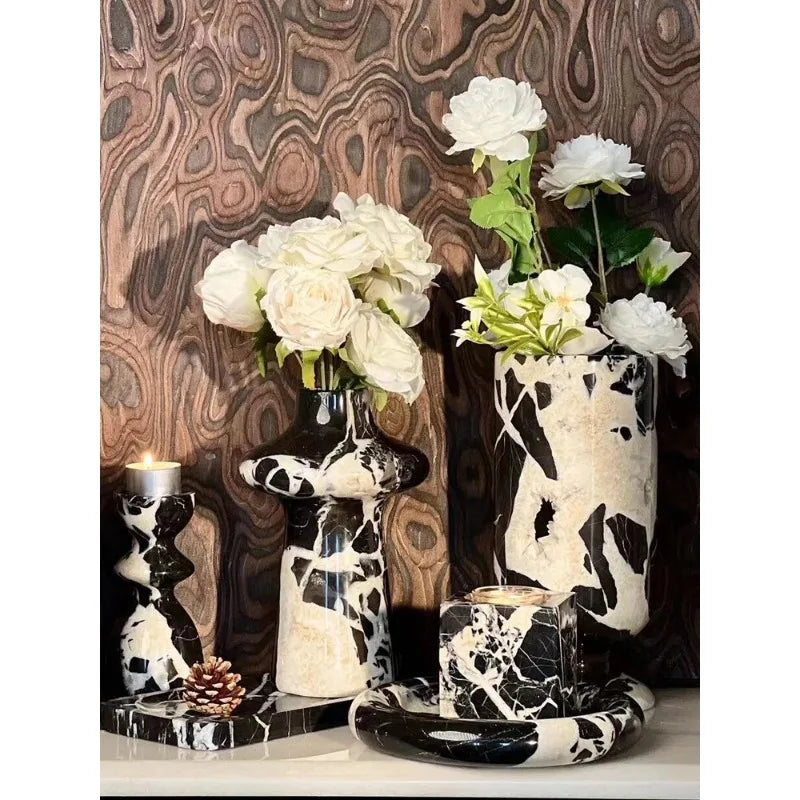Noir Grand Antique Marble Vase for Living Room Kitchen Bedroom Bathroom Modern Flower Vase for Mantel Entryway Dining Table