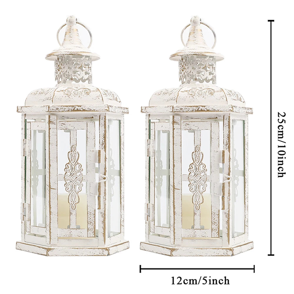 2Pcs Decorative Candle Lanterns Vintage Hanging Lantern Candle Holder Metal Candleholder White with Gold Brush Home Decor