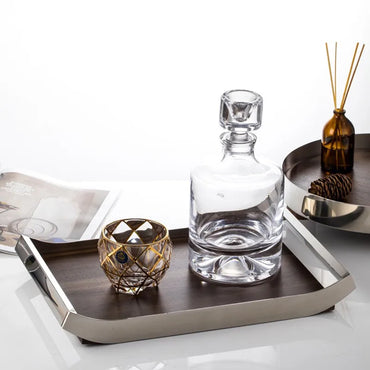 Mirror Stainless Steel Decorative Wooden Tray, Fruit Tray, Rectangular Metal Storage Tray with Handle, Desktop Storage Container