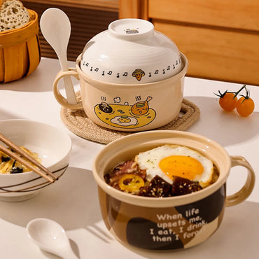 Ceramic Ramen Bowl and Little Rice Bowl Spoon Set, 700ml Instant Noodle Bowl, 400ml Oatmeal Bowl, White Spoon Microwave Safe