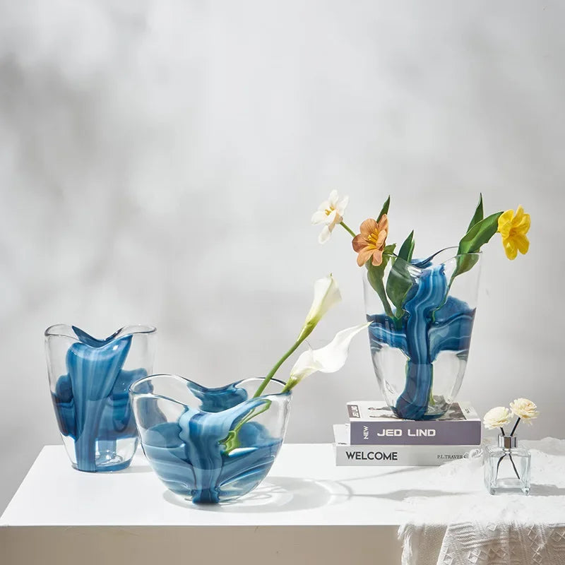 Nordic Style Handmade Transparent Pleated Blue Phoenix Tail Glass Vase Flower Table Model Room Living Room Decoration Flower Pot