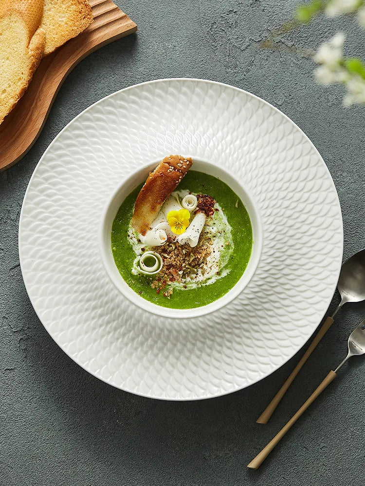 Hotel Embossed Ceramic Plate High Sense of Luxury Western Food Plate Pasta Plate Straw Hat Plate High Value Tableware Soup Plate