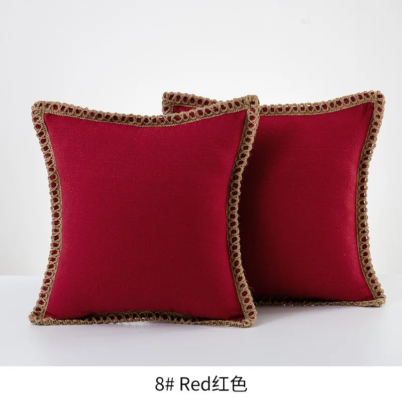 Solid Color Cotton Linen Pillow Cover with Jute Rope Trim Boho Decorative 45x45cm Cushion Pillow Case for Sofa Bed Living Room