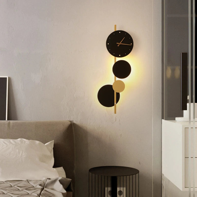 Nordic Creative  Acrylic Black Gold LED Clock  Wall Light Bedroom Dining Room Living Room Lighting Fixtures