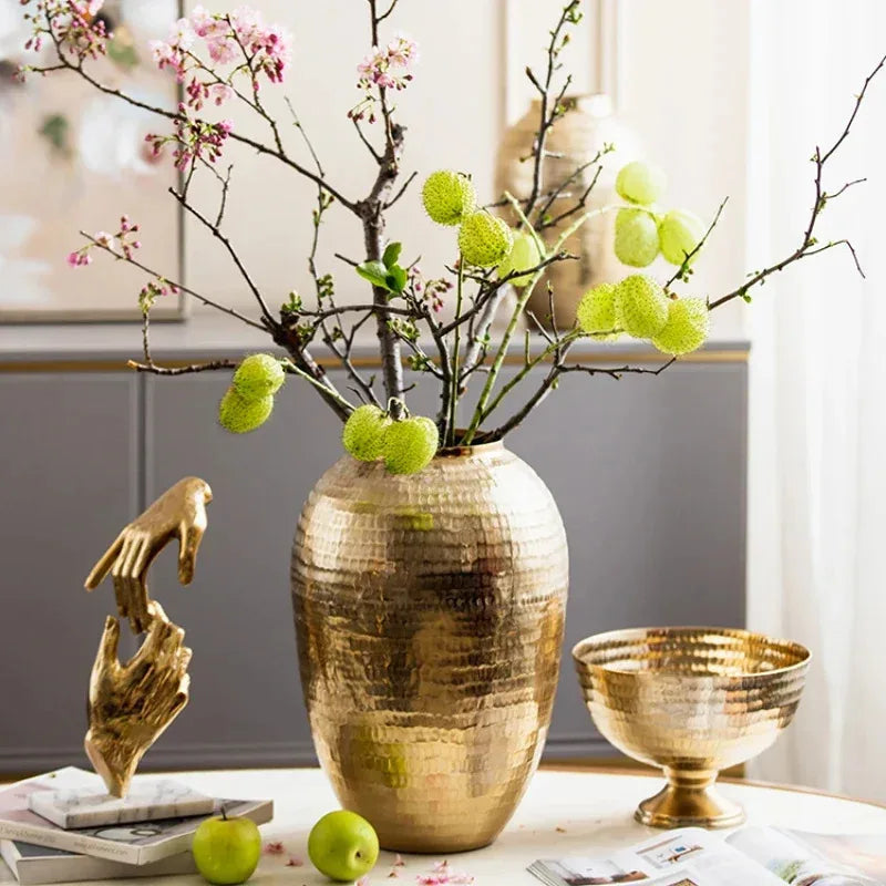 Gold candle holder aluminum hammered pattern decorative bowl round vase vintage home décor living room dining home flower vessel