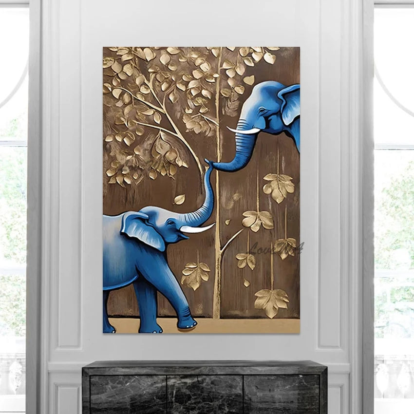 Elephant Design Animal Oil Paintings, No Framed, Gold Foil Textured Abstract Landscape Art Picture, Canvas Wall, High Qualitye