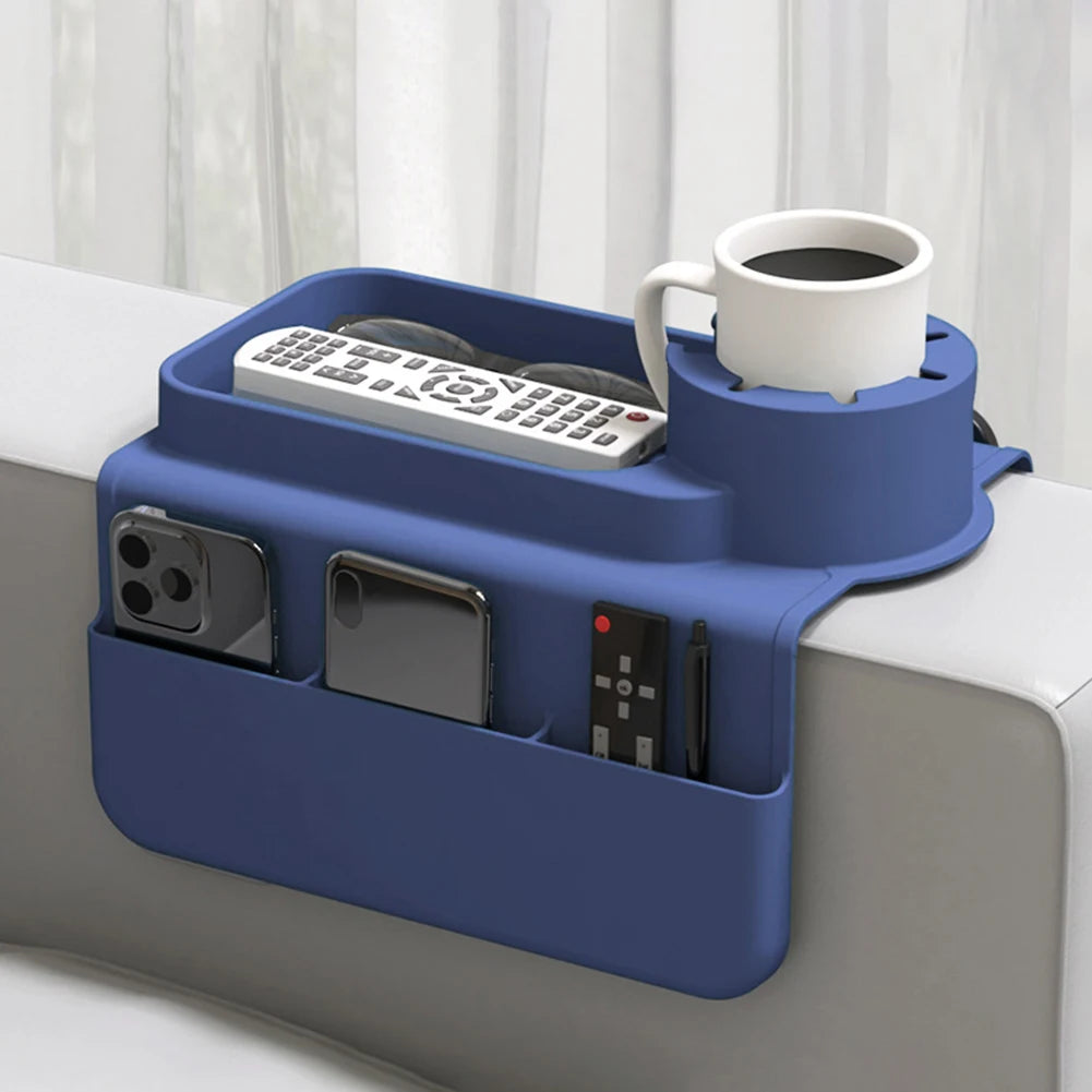 Silicone Couch Cup Holder Tray with Side Pockets Couch Armrest Table Waterproof Couch Arm Caddy for Snack Drinks Spectacles