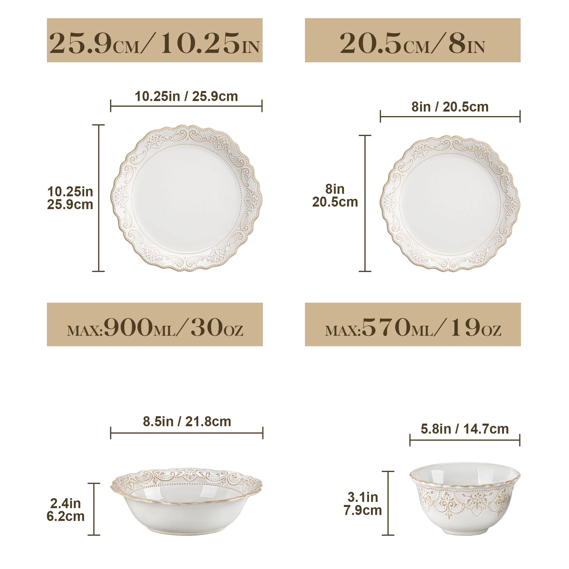 MALACASA 16/32 Piece Plates Dinner Sets Relief White Stoneware Dinnerware Set with 4 PCS Dinner Plate/Dessert/Cereal Bowl/Soup
