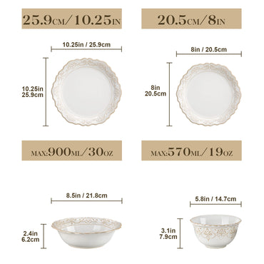 MALACASA 16/32 Piece Plates Dinner Sets Relief White Stoneware Dinnerware Set with 4 PCS Dinner Plate/Dessert/Cereal Bowl/Soup