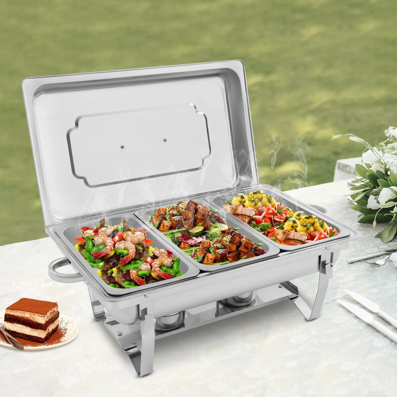 Chafing Dish Buffet Set,Gatherings Self-service Stove Food Plates,410 Stainless Steel Buffet Dishes Set,with 3 Food Compartments