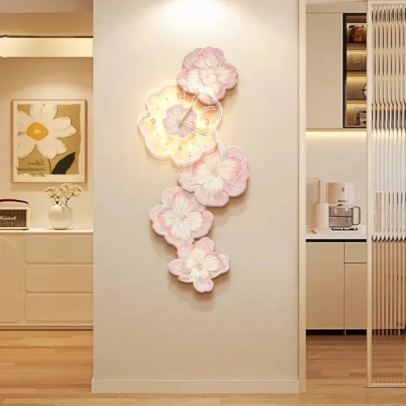 Pink Flower Light Luxury Wall Clock Creative Home Decor Painting for Living Room Wall Hanging Corridor Mural Clock Ornaments