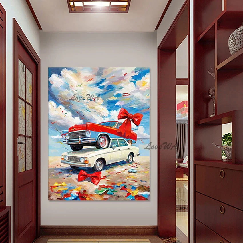 3d Car Landscape Art Picture Cartoon Oil Paintings Frameless Bright In Colour Design Abstract Canvas Wall Decoration Piece