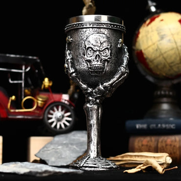 Silver Skull Goblet Stainless Steel Insert 3D Retro Gothic Fantasy Skeleton Wine Glass Halloween Beer Mug and Cup Halloween Gift