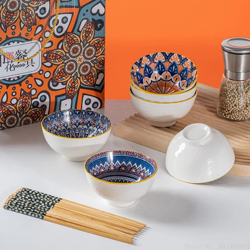 Bohemian creative handpainted ceramic tableware company opening gift kitchen supplies companion gift box bowl and chopsticks set