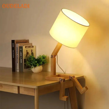 OUDELADI Robot Shape Wooden Table Lamp Modern Cloth Art Wood Desk Table Lamp Decor Luminaires Parlor Study Bedroom Night Light