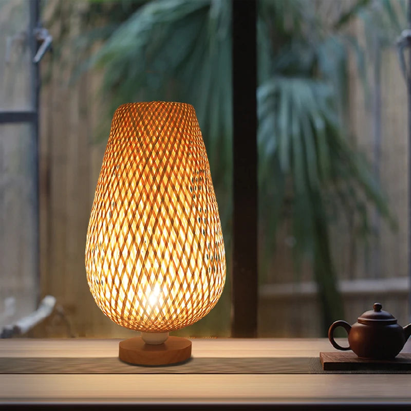 OUDELADI Vintage Bamboohandicraft Table Lamps Handmade bedroom bedside desk lights living room decor warm bamboo wood lamp