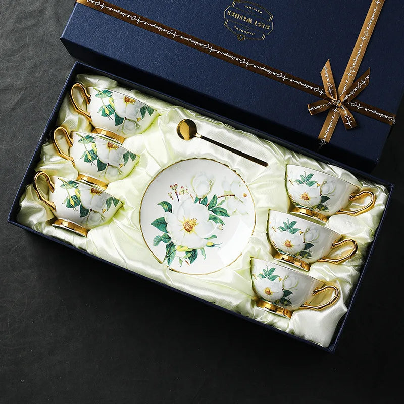 Exquisite Bone China Coffee Cup and Dish Gift Box Set, Afternoon Tea Set, Camellia Flower Pattern Exquisite Gift Box
