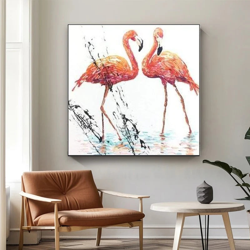 Thick Textured Knife Painted Flamingo Picture 100% Handmade Abstract Oil Painting Canvas Wall Art For Home Decoration No Frame