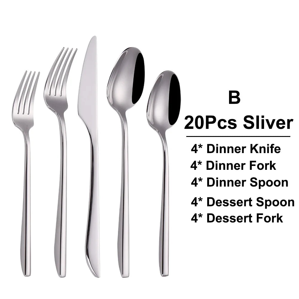 6/16/20/24/28Pcs Cutlery Set Stainless Steel 304 Tableware Mirror Sliver Dinner Set Western Knife Fork Spoon Elegant Flatware