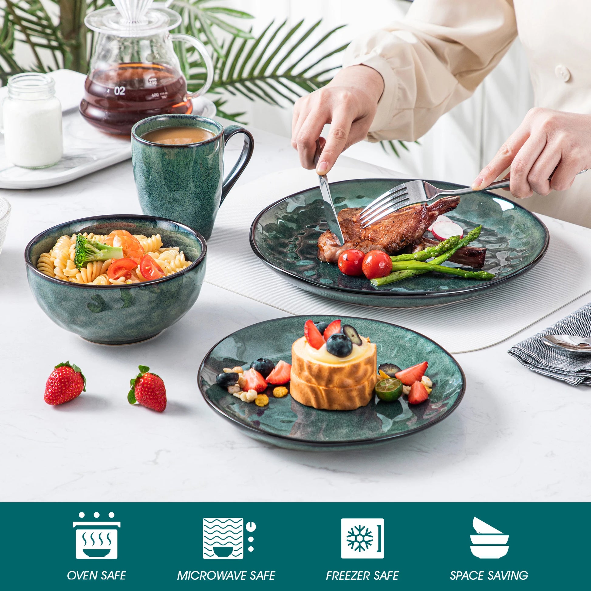 vancasso 16/32-Piece Starry Green Dinner Set,Kiln Change Glaze Tableware Dinner Set with Dinner Plate,Dessert Plate,Bowl,Mug