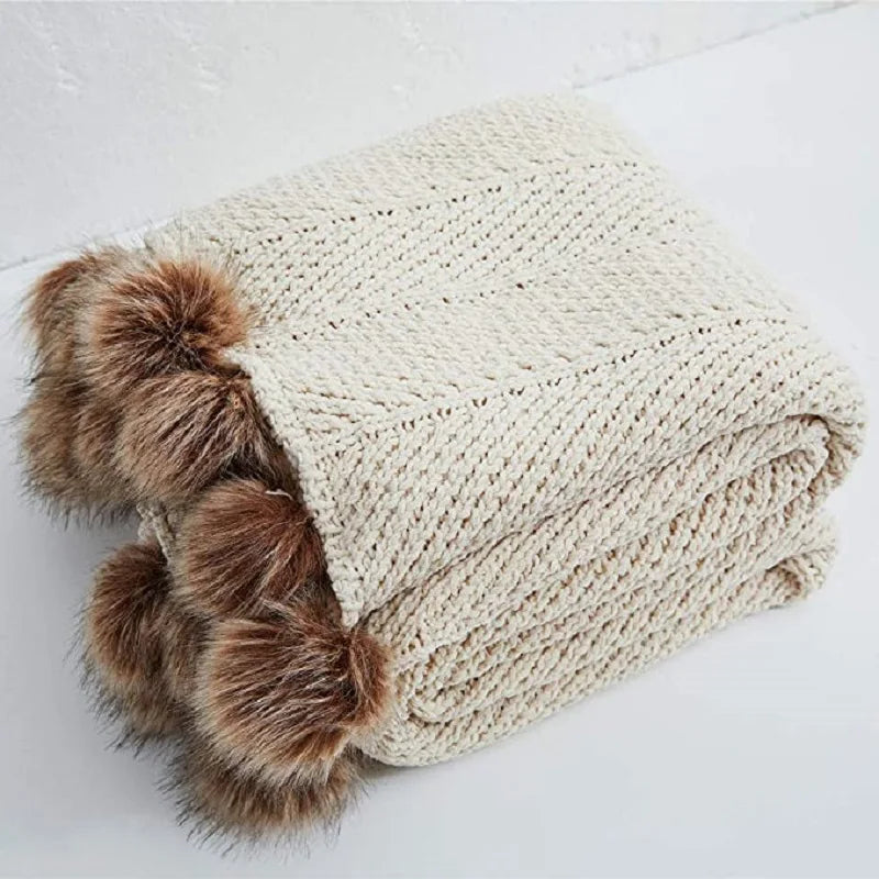 Inyahome-Fur Pom Pom Knitted Throw Blanket, Super Soft Warm Cozy Cable Knitted Nordic Blanket for Sofa and Couch, 51x63 Inch