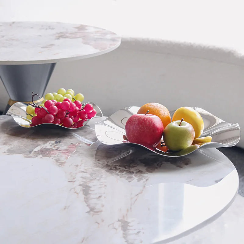 Deluxe Silver Stainless Steel Fruit Tray, Wavy Art Tray, Living Room Table Storage Box, Stainless Steel Decorative Tableware