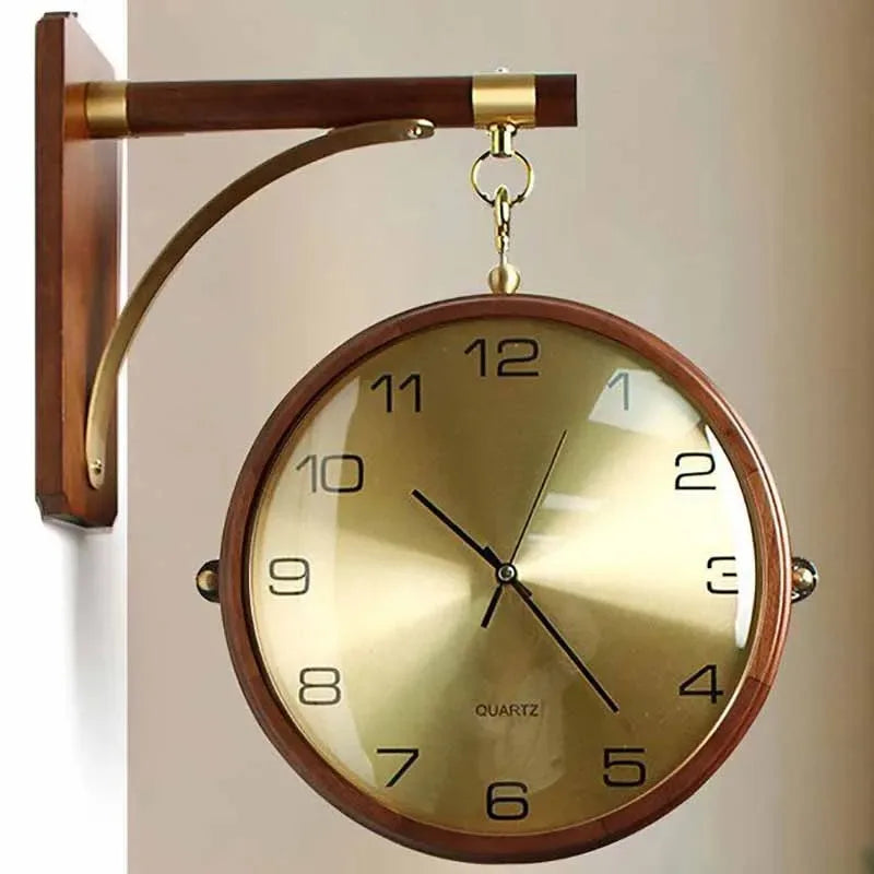 Luxury Wood Double Sided Wall Clocks Movement Silence 360° Rotatable Wall Clock Aesthetic Living Room Decoration Accessories