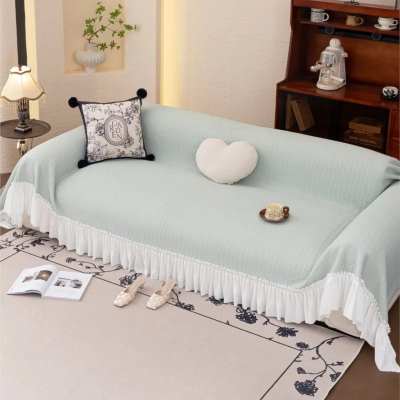 2024 French Country Sofa Cover Patchwork Stretchable Couch Protector Vintage Solid Color Cool Decor Throw Blanket Pleated lace