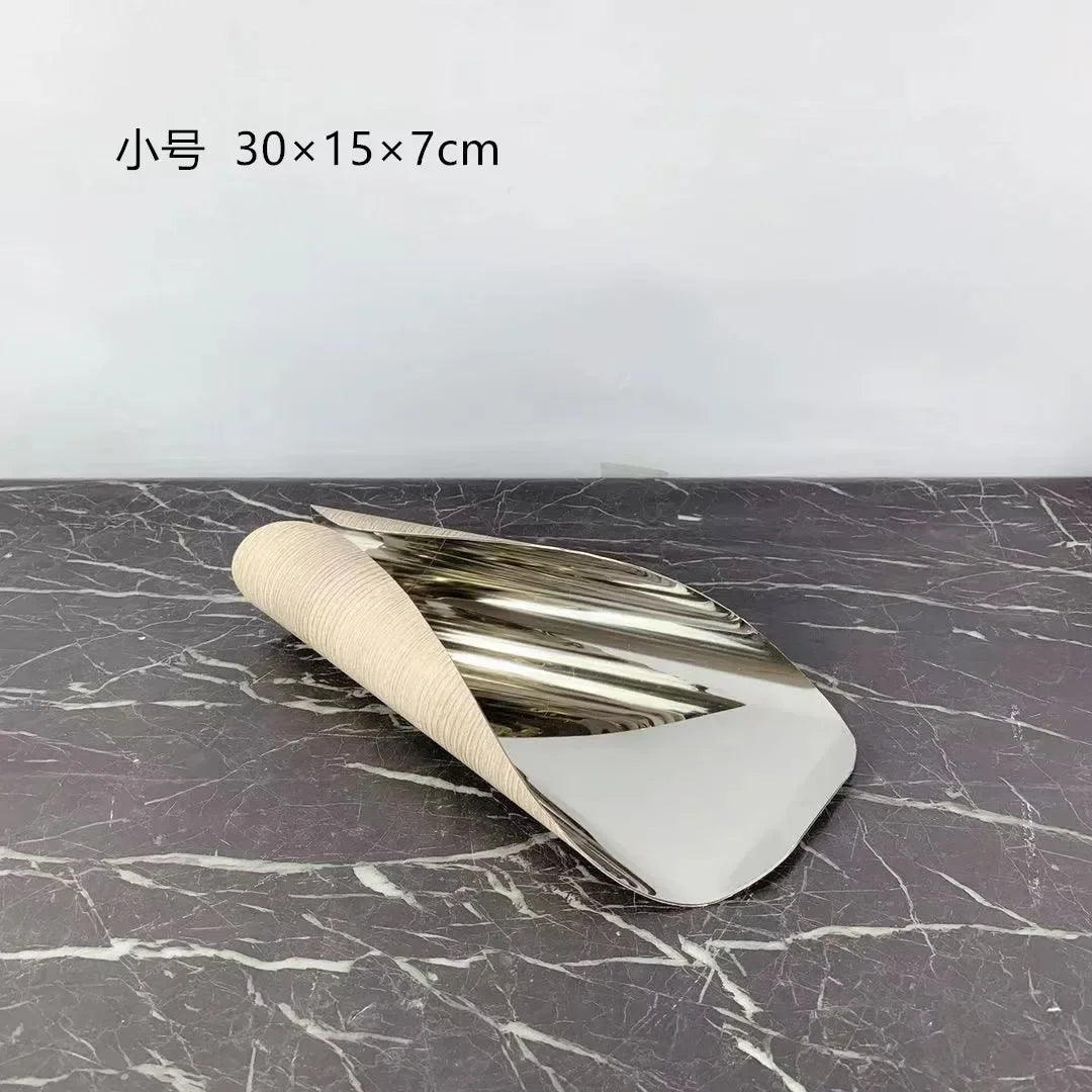 Luxury Geometric Stainless Steel Rolled Edge Silver Storage Tray, Fruit Tray, Bedroom, Study, Desktop Decoration Ornaments