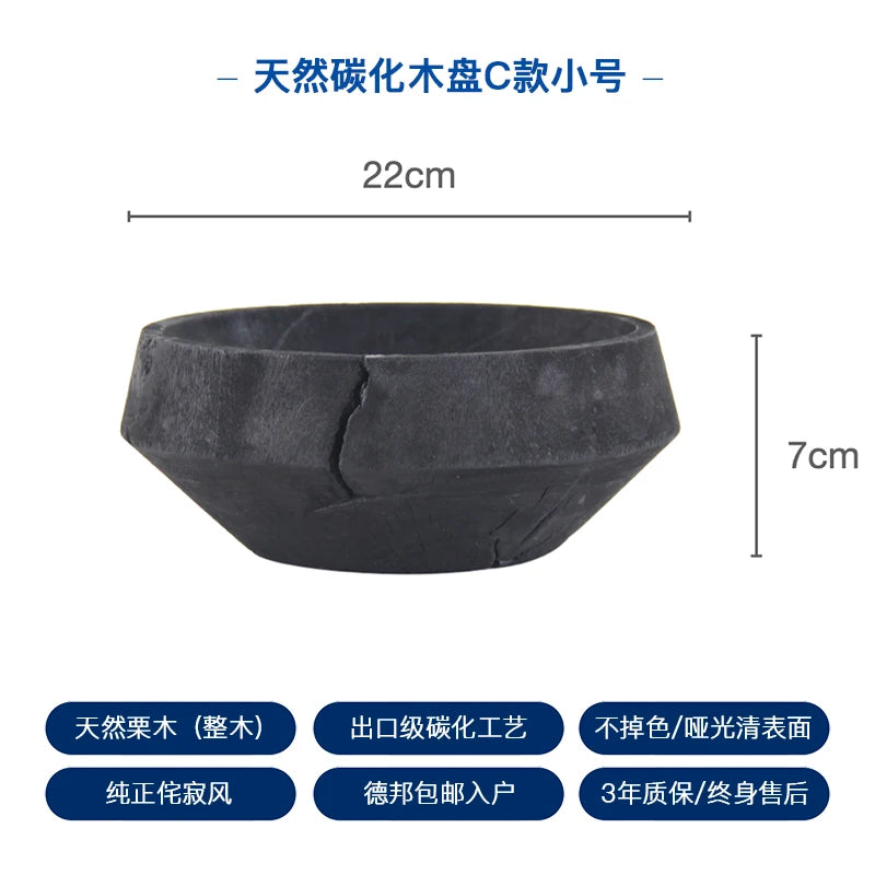 Wabi Sabi Charred Wood Tray Black Fruit Bowl Minimalist Display Platter for Hotel Rustic Storage Tray for Living Room Decoration